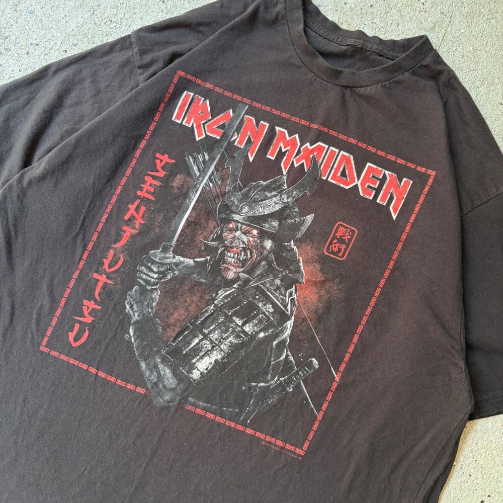 Iron Maiden Senjutsu Samurai Eddie Graphic T-Shirt Faded Black Double Sided Band